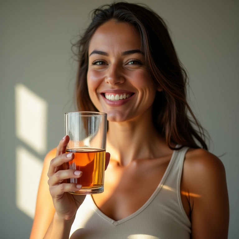 Mulher sorrindo enquanto bebe água em um ambiente iluminado.