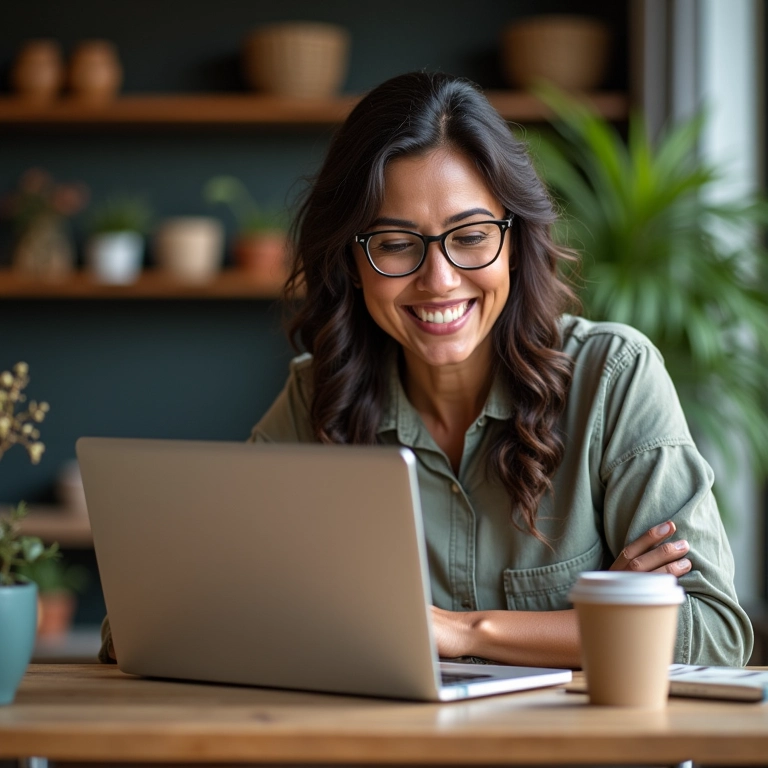 Mulher sorrindo enquanto consulta dicas de especialista sobre IRPF online.