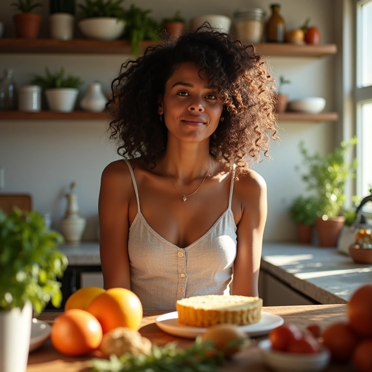 Mulher sorrindo enquanto consulta receita de bolo sem ovo.