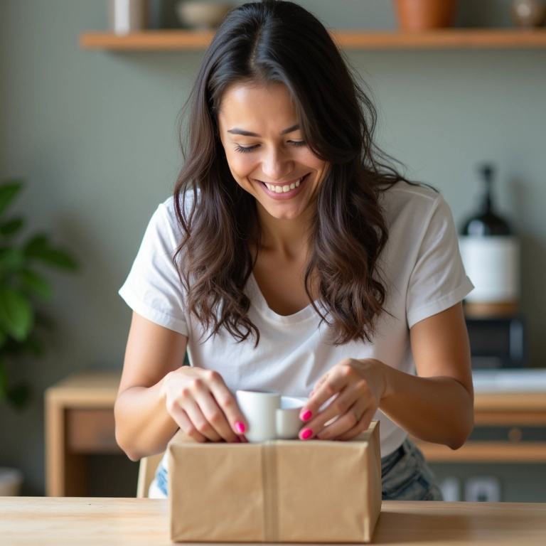 Mulher sorrindo enquanto embala um produto para envio no Mercado Livre.