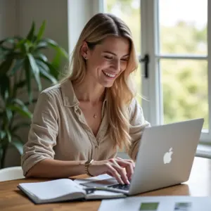 Diário financeiro: O que é e como criar o seu hoje Mulher sorrindo enquanto organiza suas finanças com um planner e laptop em uma mesa com estilo Farm Rio.