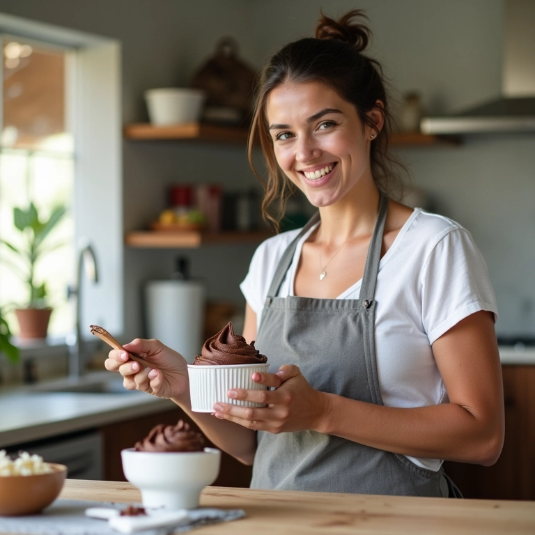 Mulher sorrindo enquanto prepara mousse de chocolate em cozinha moderna e colorida.