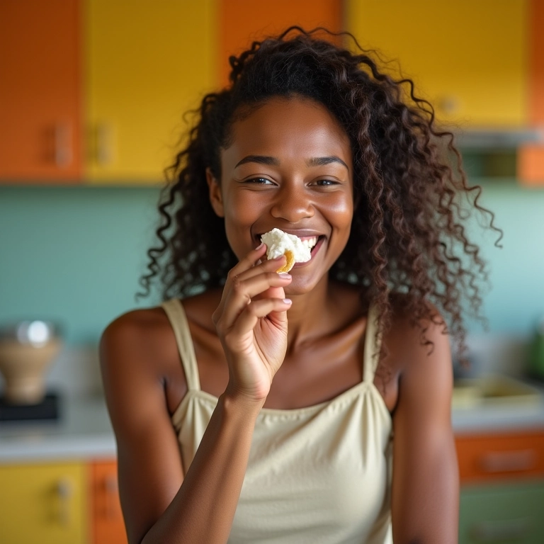Mulher sorrindo enquanto saboreia uma sobremesa light em cozinha vibrante.