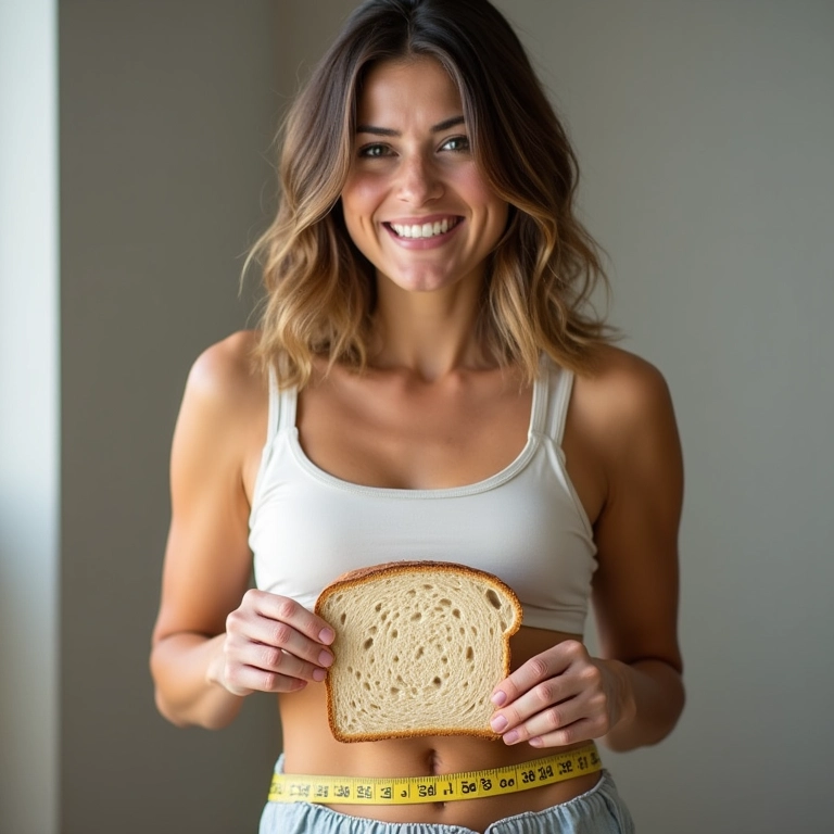 Mulher sorrindo enquanto segura uma fatia de pão integral e mede a cintura.