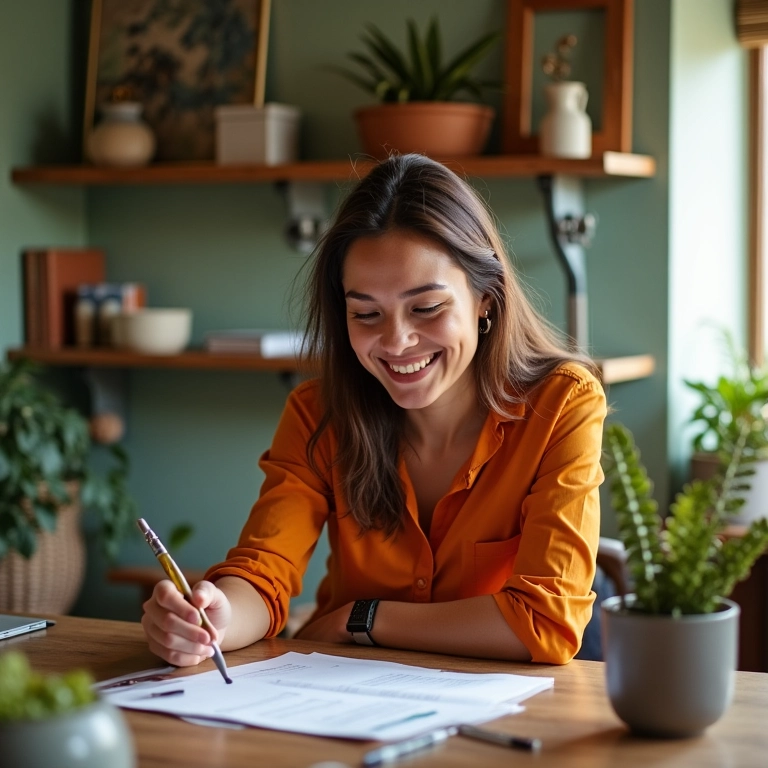 Mulher sorrindo enquanto trabalha em projeto de paixão em ambiente brasileiro.
