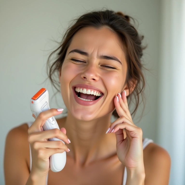 Mulher sorrindo enquanto usa depilador elétrico, mostrando uma leve dor.