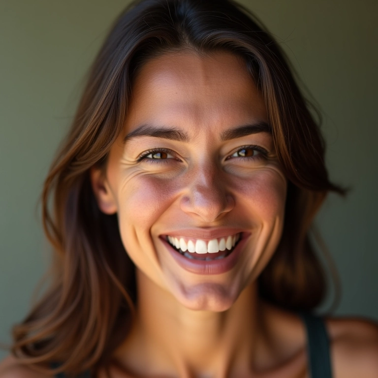 Mulher sorrindo genuinamente, mostrando os dentes.