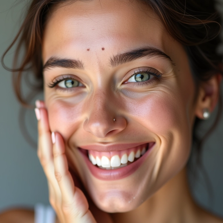 Mulher sorrindo mostrando melhora da pele após uso de dermocosméticos.