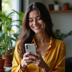 Mulher sorrindo mostrando saldo do FGTS no celular.