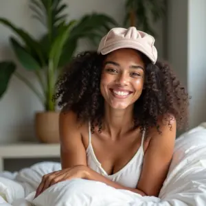 Mulher sorrindo na cama com touca de cetim.