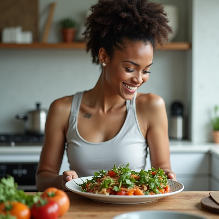 Mulher sorrindo para um prato de legumes no vapor em uma cozinha moderna.