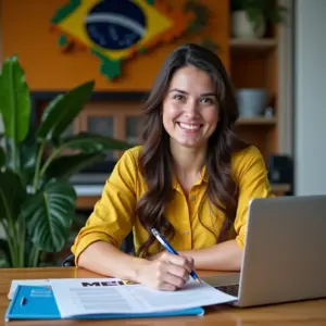 Mulher sorrindo preenchendo formulário MEI em mesa colorida com decoração brasileira.
