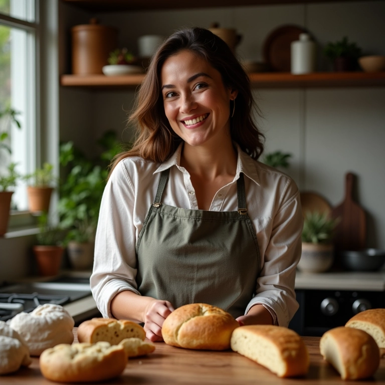 Mulher sorrindo preparando pão de mel em casa.