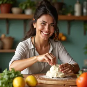 Mulher sorrindo preparando sorvete artesanal em cozinha colorida.