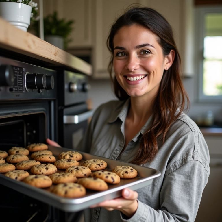 Mulher sorrindo retirando cookies do forno.