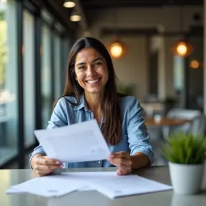 Mulher sorrindo revisando documentos MEI em escritório.