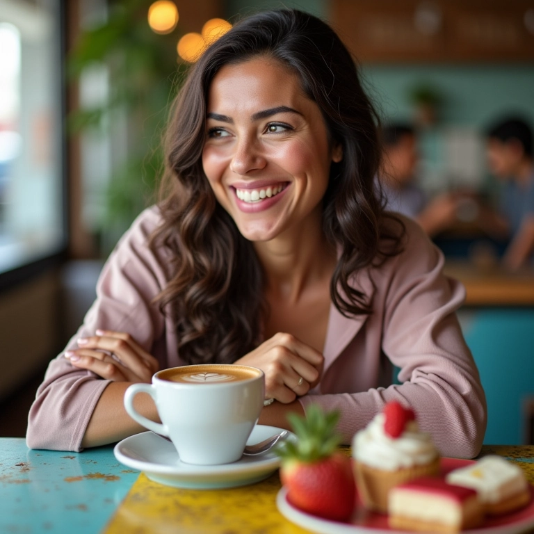 Mulher sorrindo saboreando café e doces.