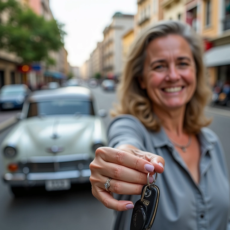 Mulher sorrindo segurando chaves de carro antigo bem conservado, representando economia.