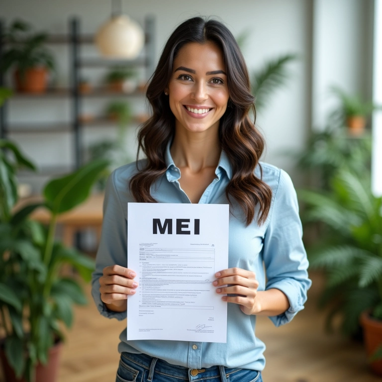 Mulher sorrindo segurando documento MEI em escritório com decoração brasileira.