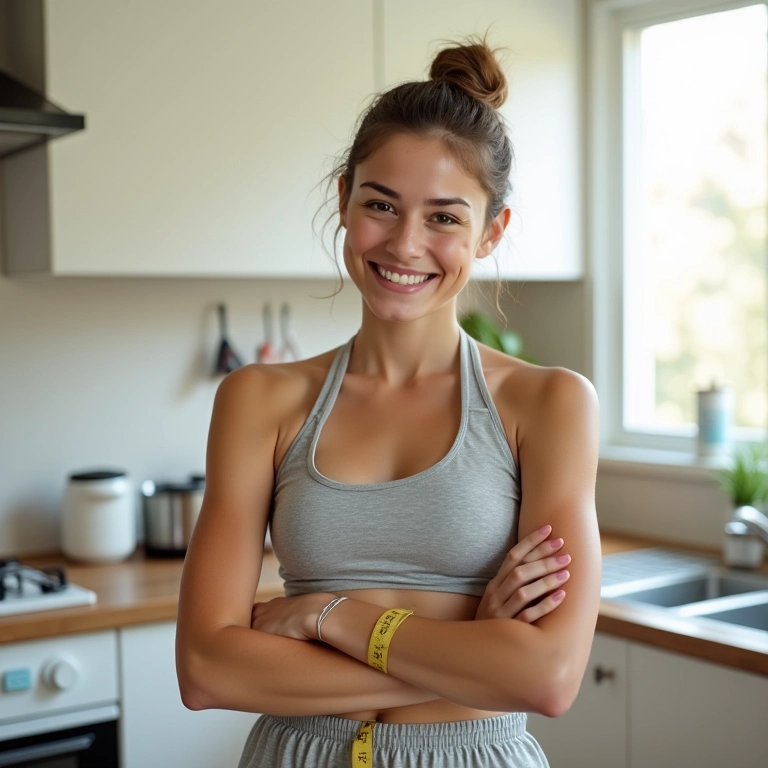 Mulher sorrindo segurando um chuchu, com fita métrica ao lado.