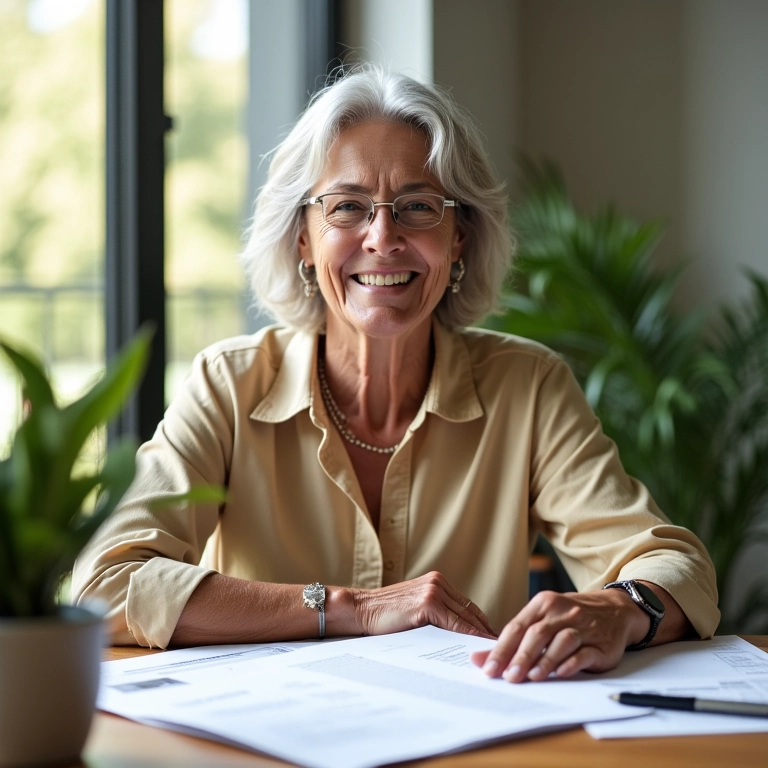 Mulher sorrindo sentada à mesa com documentos financeiros, solicitando benefícios enquanto desempregada.