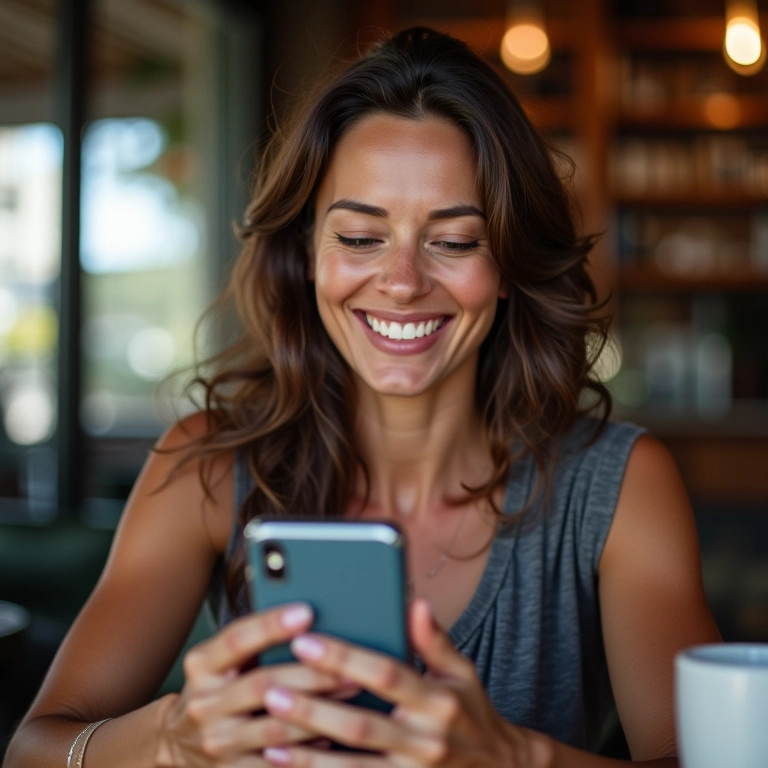 Mulher sorrindo usando app de podcast no celular em café aconchegante.