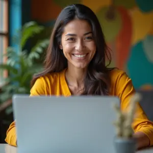 Mulher sorrindo usando laptop, ambiente de trabalho colorido estilo brasileiro, foco na tela com gráficos.