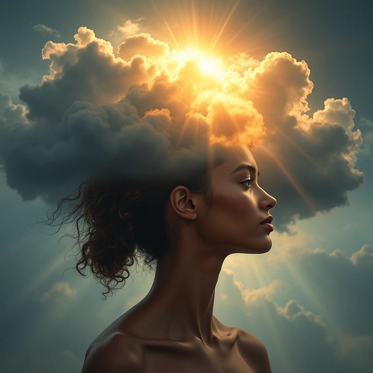 Mulher substituindo pensamentos negativos por afirmações positivas.