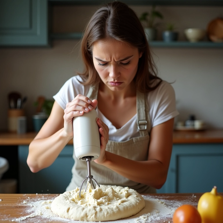 Mulher tentando bater massa pesada com mixer.
