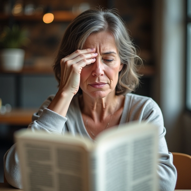 Mulher tentando ler um livro, visão embaçada.