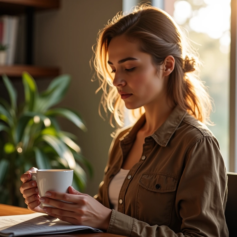 Mulher trabalhando em horário de pico de produtividade com café brasileiro.