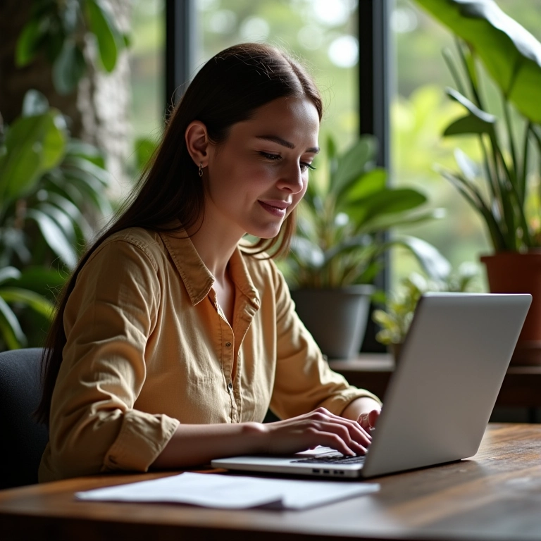 Mulher trabalhando no laptop com comprovante de pagamento.