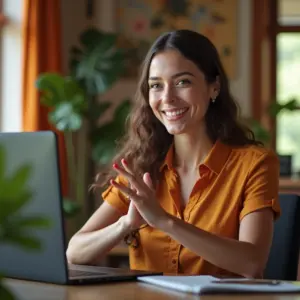 Mulher tradutora de Libras em videoconferência, sorrindo em ambiente de trabalho vibrante.