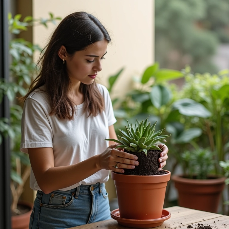 Mulher transplantando suculenta para um vaso maior.