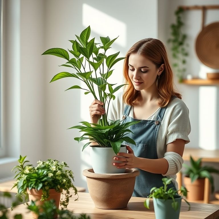 Mulher transplantando Zamioculca para um vaso de cerâmica moderno.