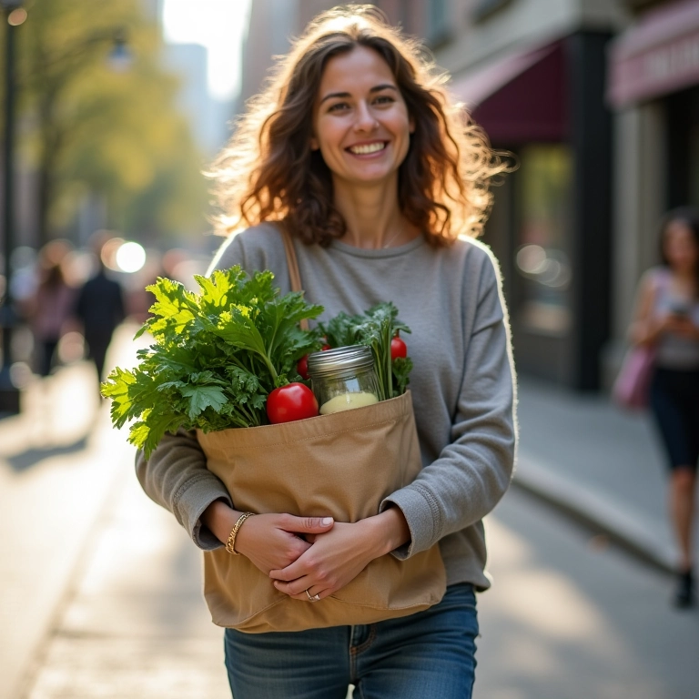 Mulher transportando salada de pote em sacola reutilizável na cidade.