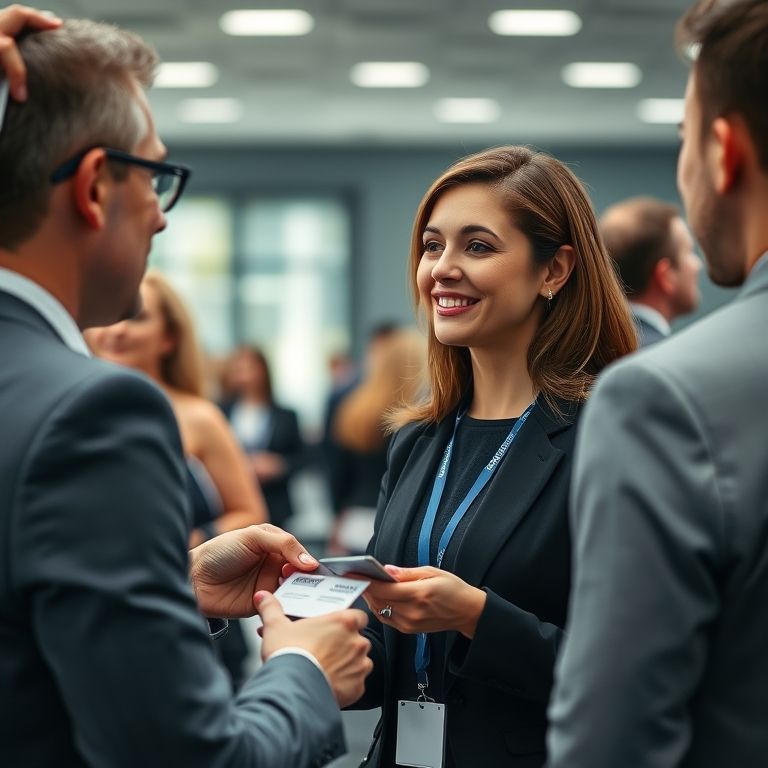 Mulher trocando cartões de visita em conferência.