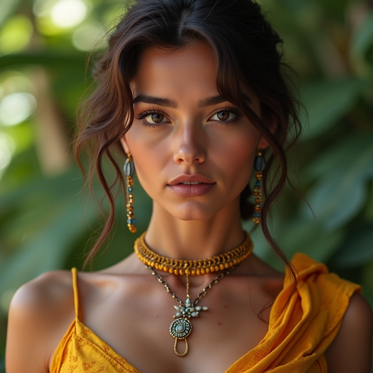 Mulher usando acessórios que fazem a diferença, como joias e lenço.