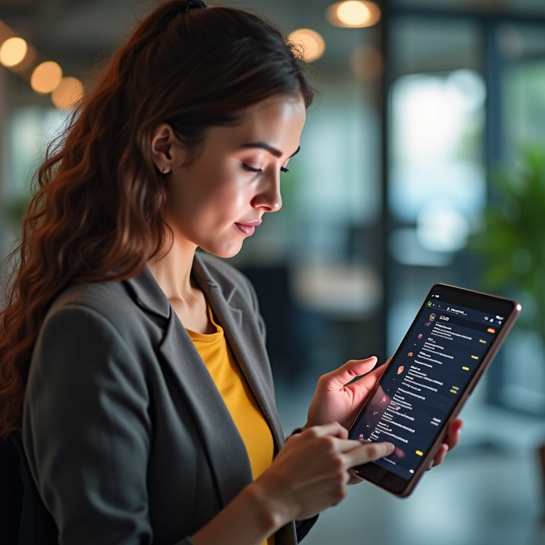 Mulher usando app de gestão de tarefas em tablet.