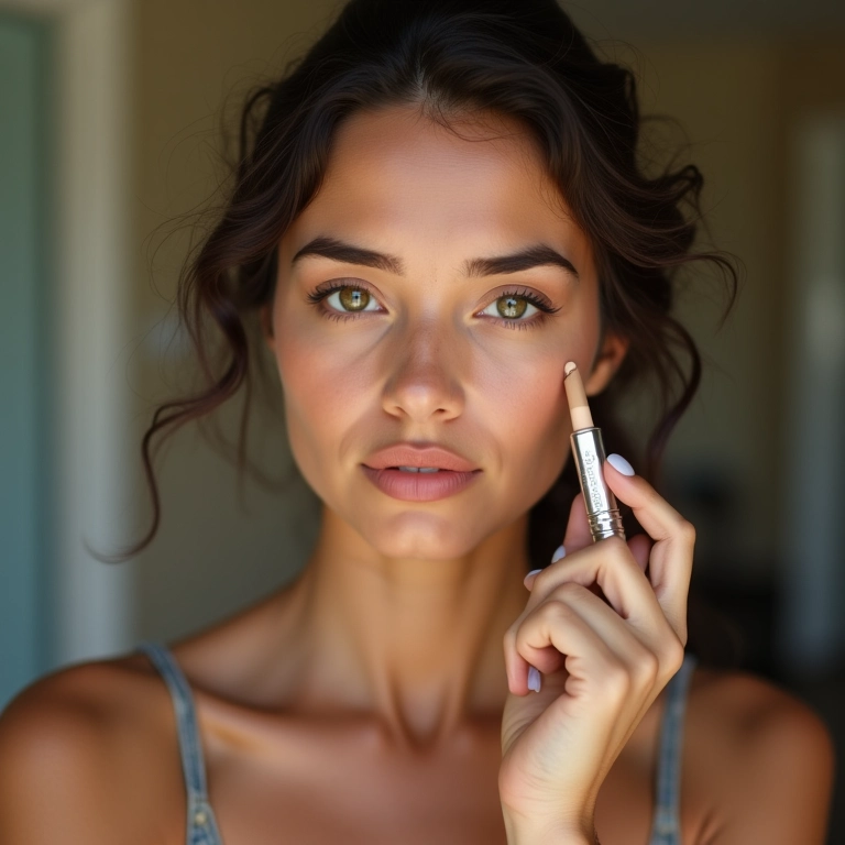 Mulher usando corretivo colorido diariamente.