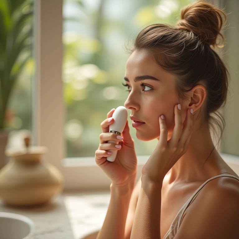 Mulher usando escova de limpeza facial sônica no banheiro.