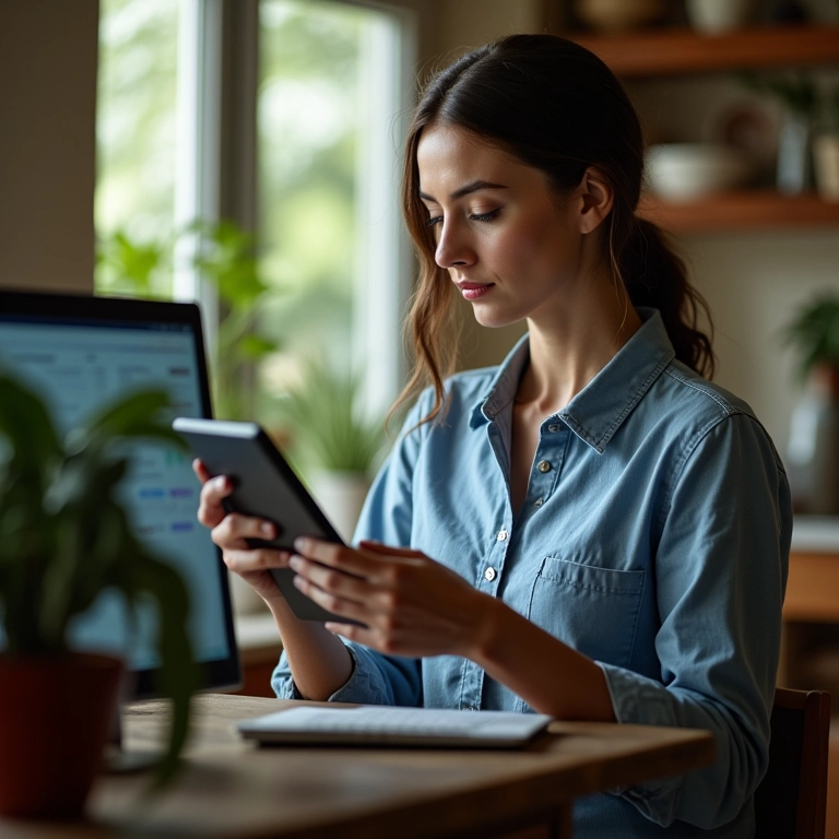Mulher usando ferramentas digitais: CRM, dashboards de redes sociais.