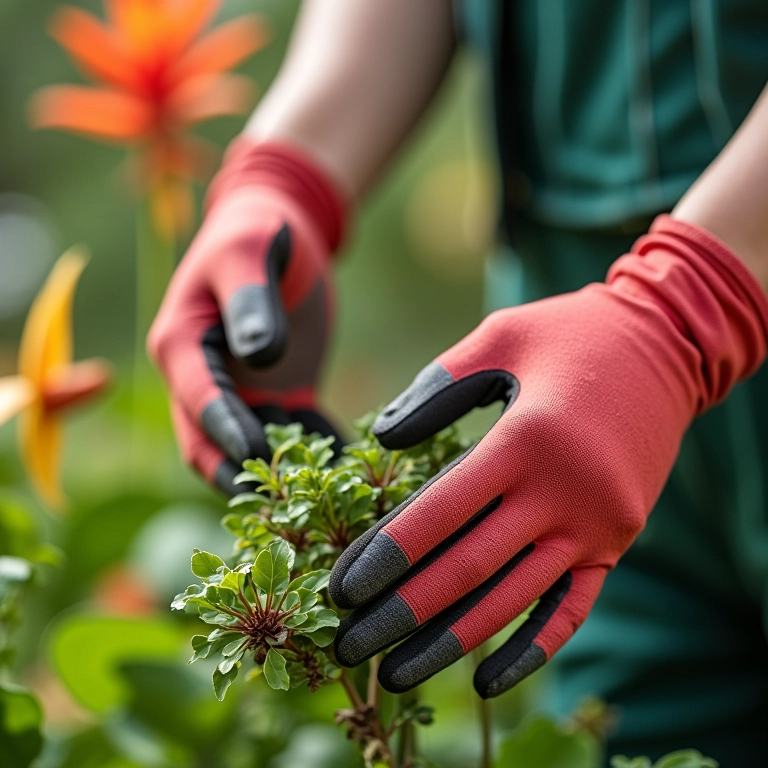 Mulher usando luvas de jardinagem em jardim vibrante com plantas brasileiras.