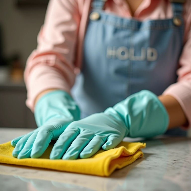 Mulher usando luvas para proteger as unhas durante a limpeza.