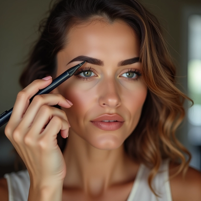 Mulher usando maquiagem para modelar as sobrancelhas finas.