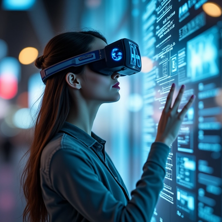 Mulher usando óculos AR, interagindo com dados sobrepostos, impulsionado pelo 5G.