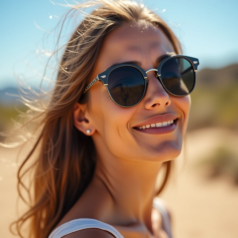 Mulher usando óculos de sol em um dia ensolarado, protegendo os olhos.