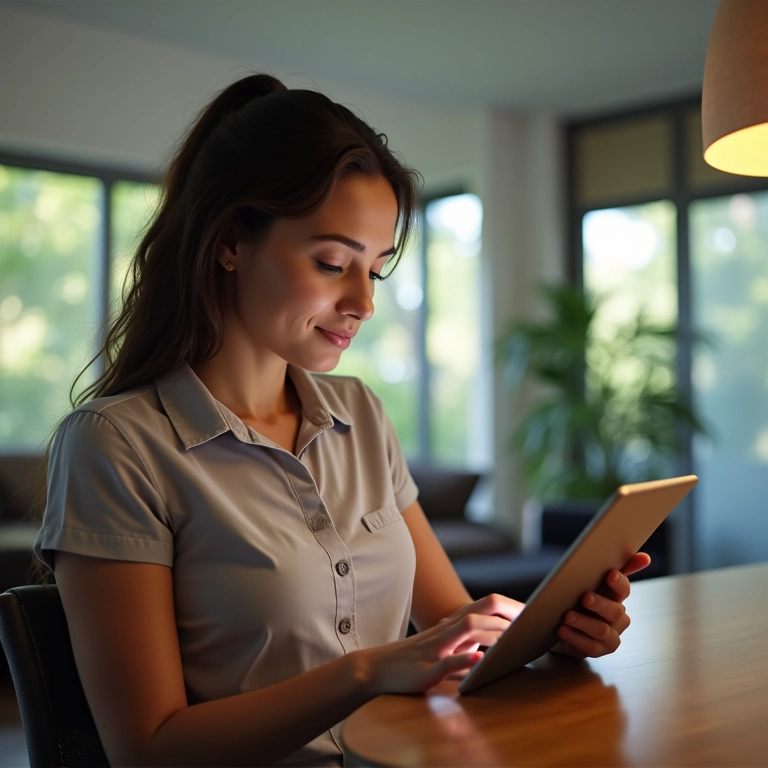 Mulher usando simulador de consórcio em um tablet.