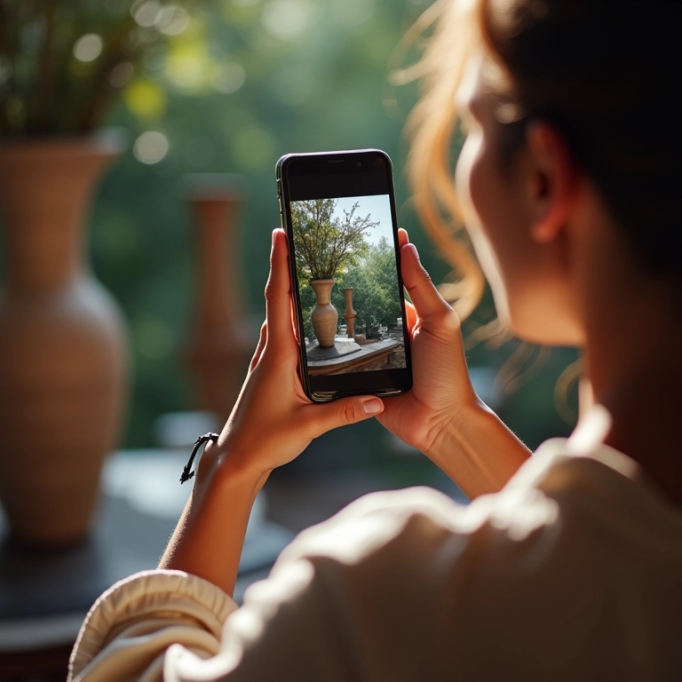 Mulher usando smartphone para inspiração de pintura em vasos.