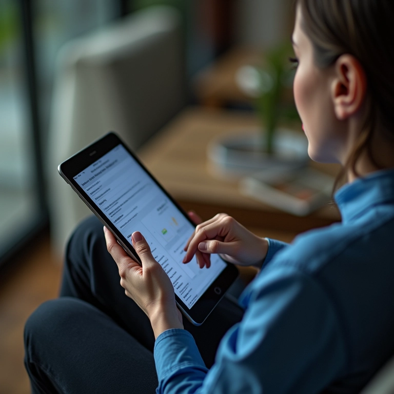 Mulher usando software de gestão de projetos em tablet, com integração entre dispositivos.